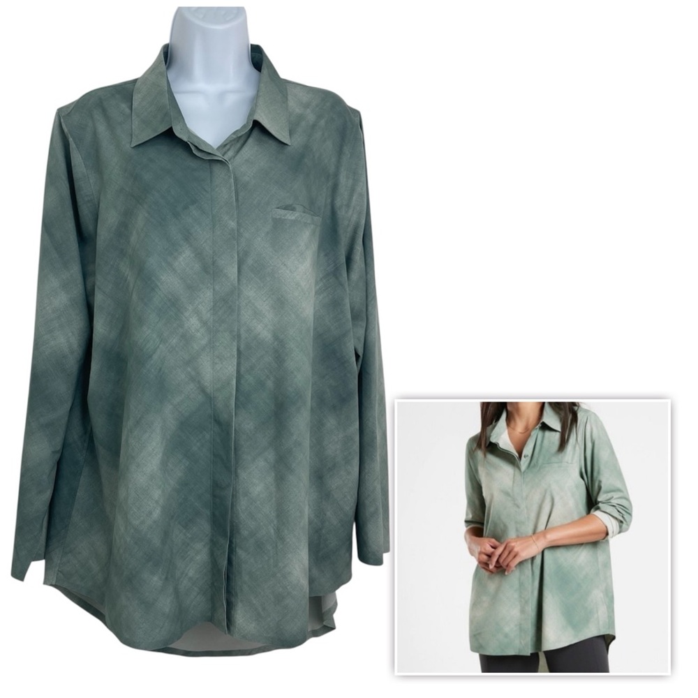 Athleta Large Green Urbanite Printed Blouse Top Button Up Travel Sz L Relaxed Fi